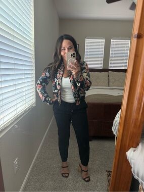Nordstrom Black Floral Bomber Jacket with Pink and Cream Blooms